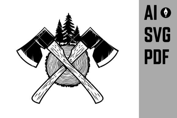 Download Crossed Lumberjack Axes with Wood Cut. - Wood cut Collection